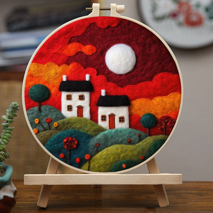 The Glow of a Red Sunset Over Two Houses Wool Needle Felting Painting Kit