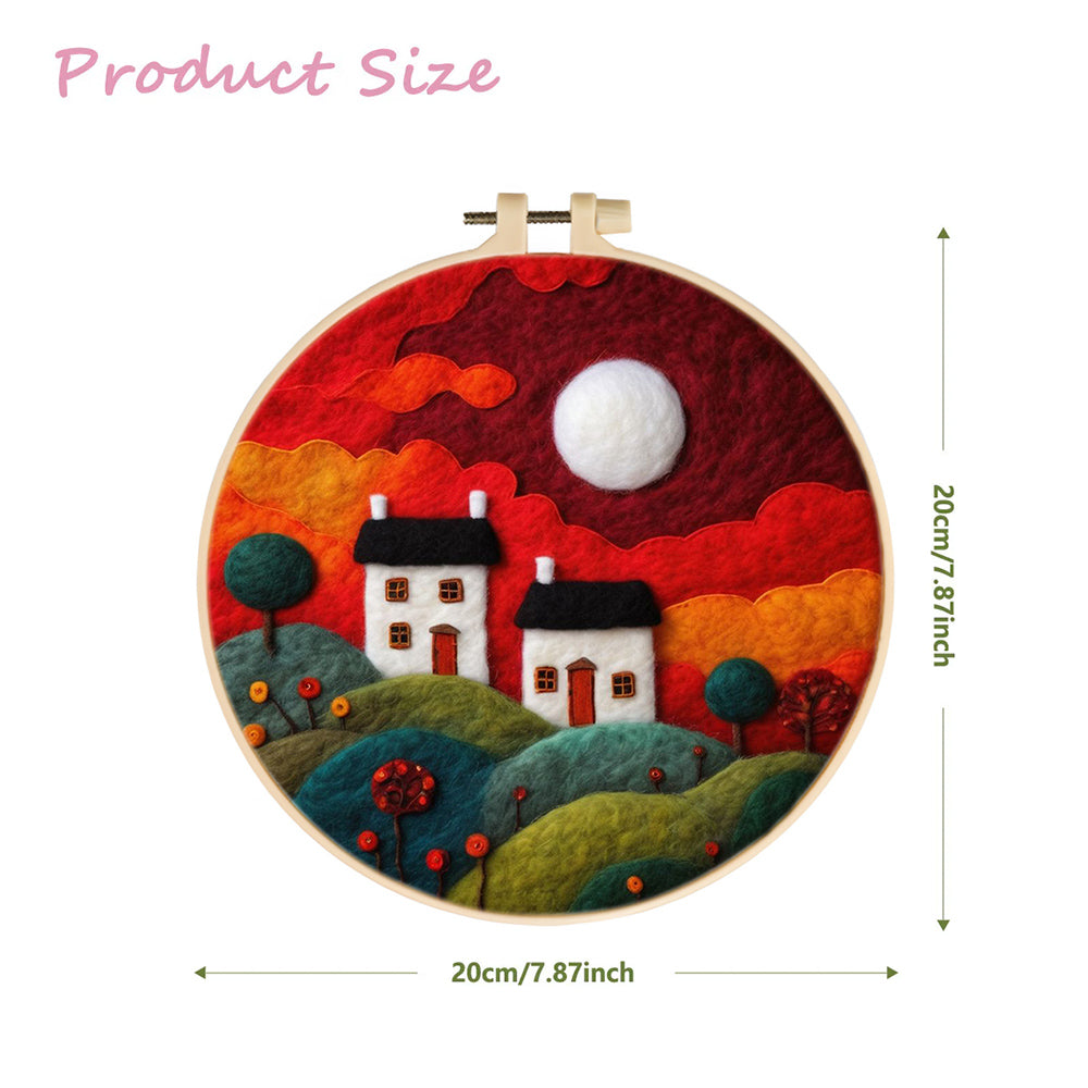 The Glow of a Red Sunset Over Two Houses Wool Needle Felting Painting Kit