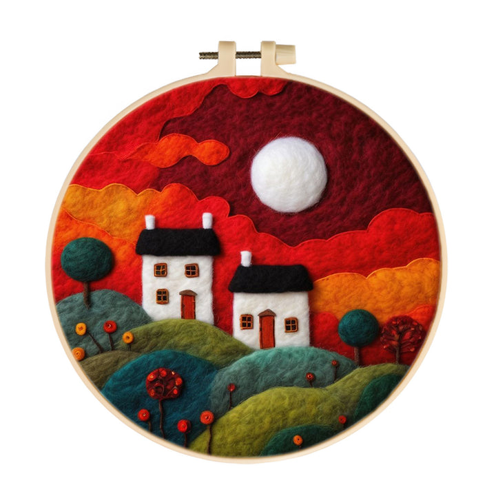 The Glow of a Red Sunset Over Two Houses Wool Needle Felting Painting Kit
