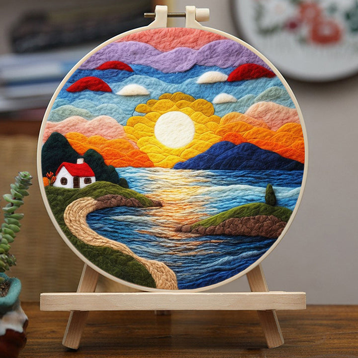 A Sunset Over the Serene Seaside Cottage Wool Needle Felting Painting Kit