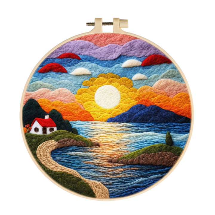 A Sunset Over the Serene Seaside Cottage Wool Needle Felting Painting Kit