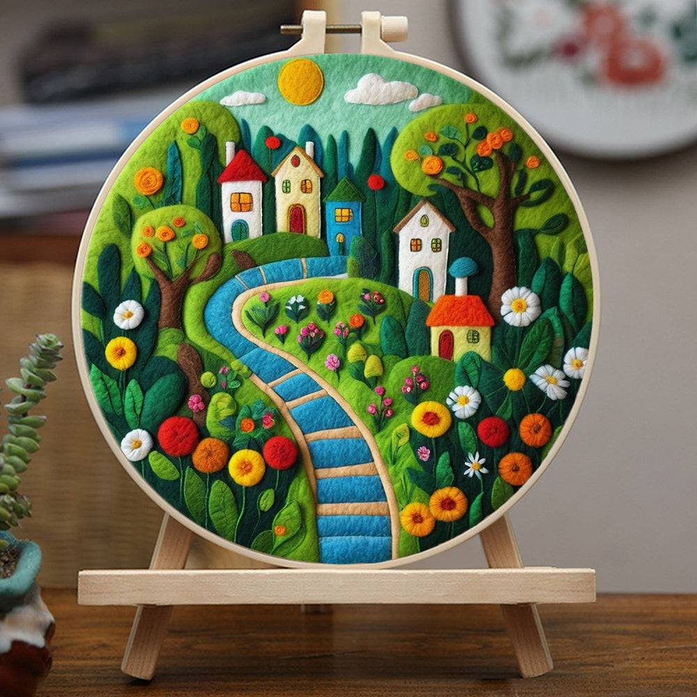Houses Nestled Among Vibrant Flowers and Trees Wool Needle Felting Painting Kit