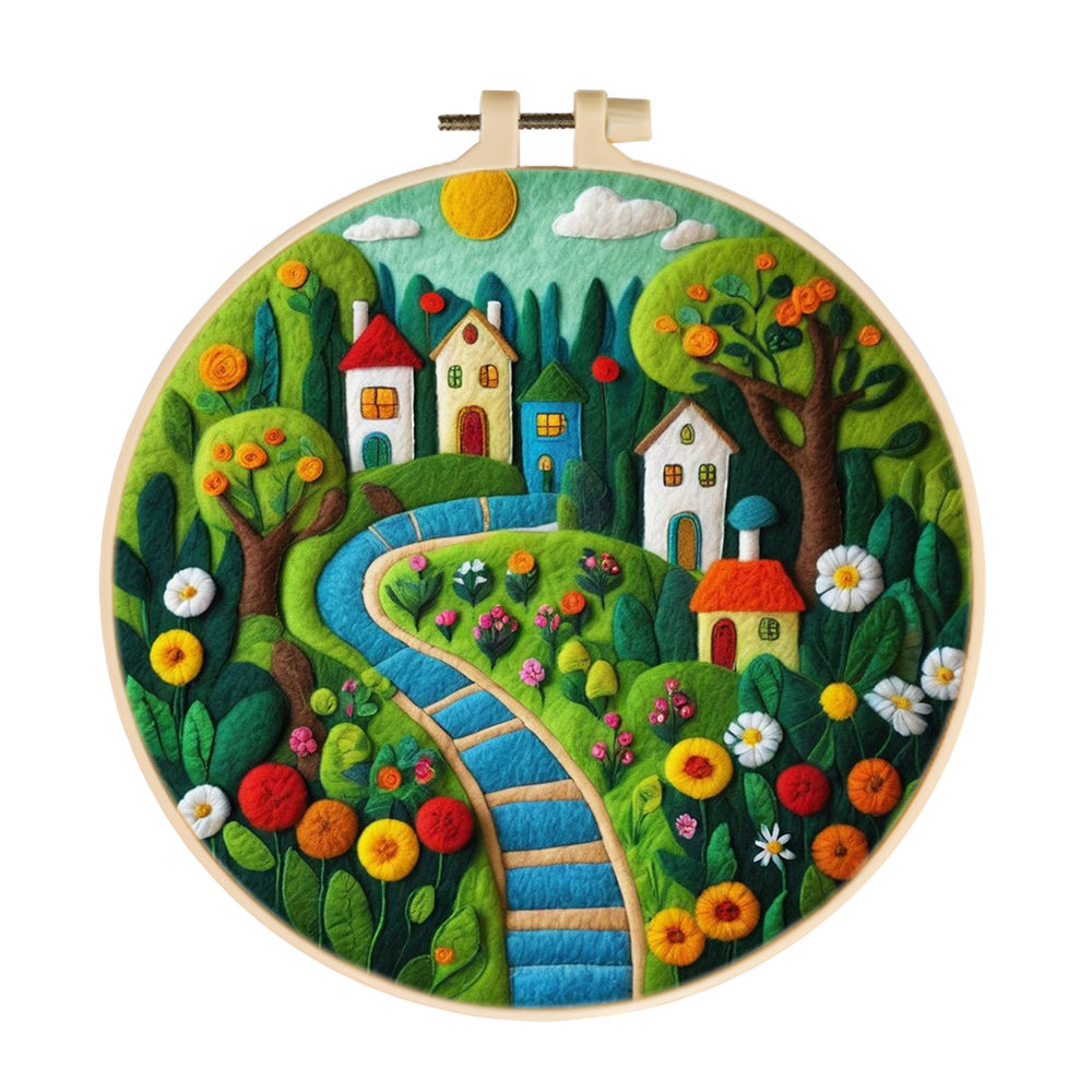 Houses Nestled Among Vibrant Flowers and Trees Wool Needle Felting Painting Kit