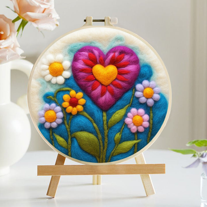 Heart-Shaped Flowers among Other Colorful Flowers Wool Needle Felting Painting Kit