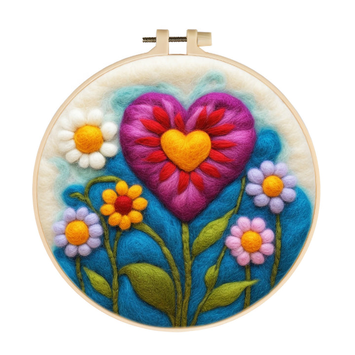 Heart-Shaped Flowers among Other Colorful Flowers Wool Needle Felting Painting Kit