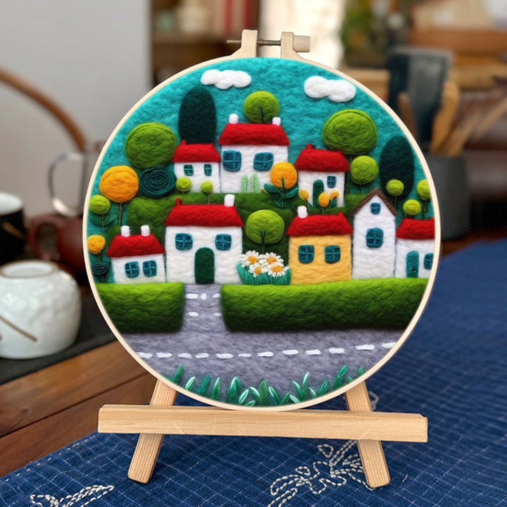 Charming Houses Lined by Trees and Flowers Wool Needle Felting Painting Kit