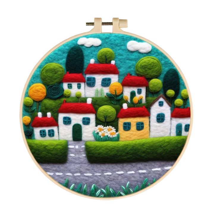 Charming Houses Lined by Trees and Flowers Wool Needle Felting Painting Kit