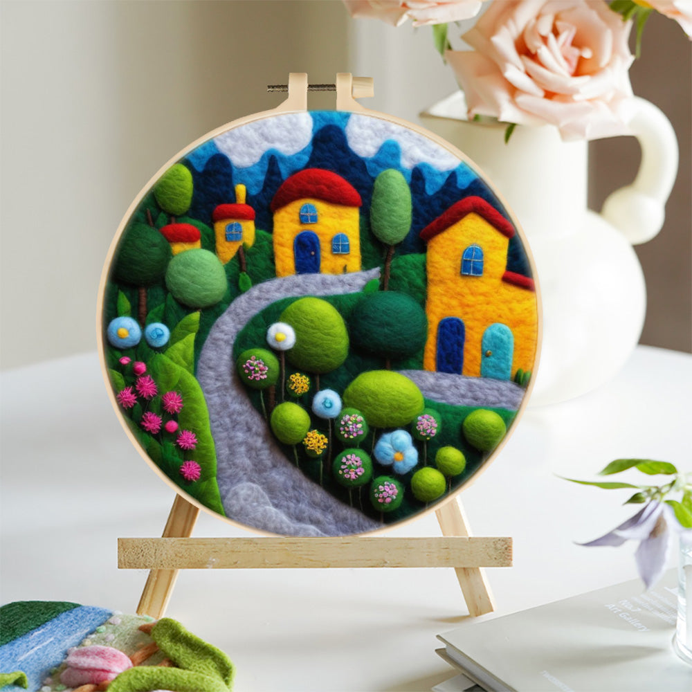 Village Houses along Winding Path Wool Needle Felting Painting Kit