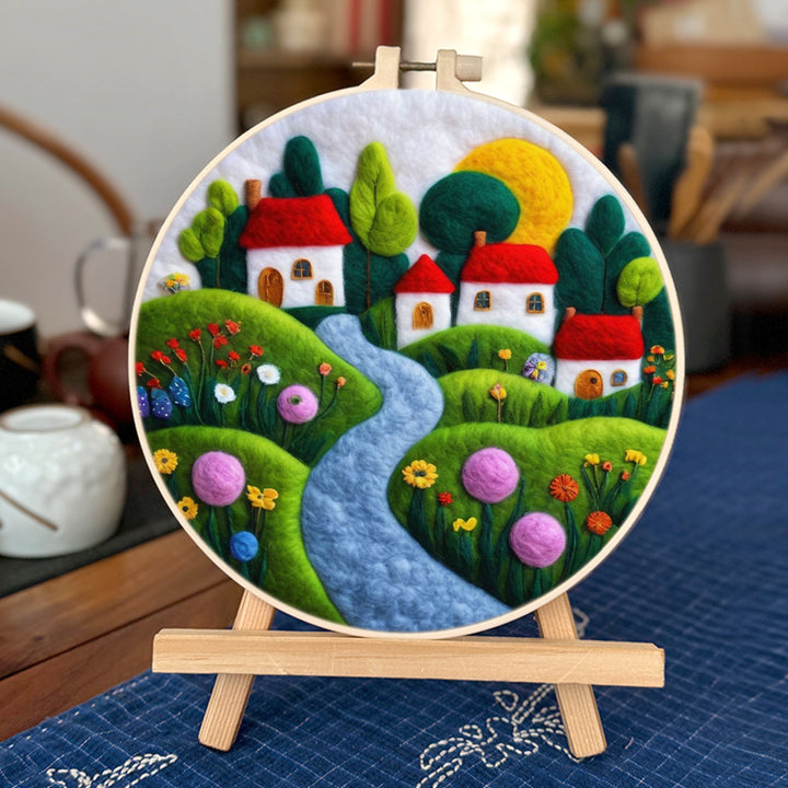 Hillside Homes with River and Flowers Wool Needle Felting Painting Kit