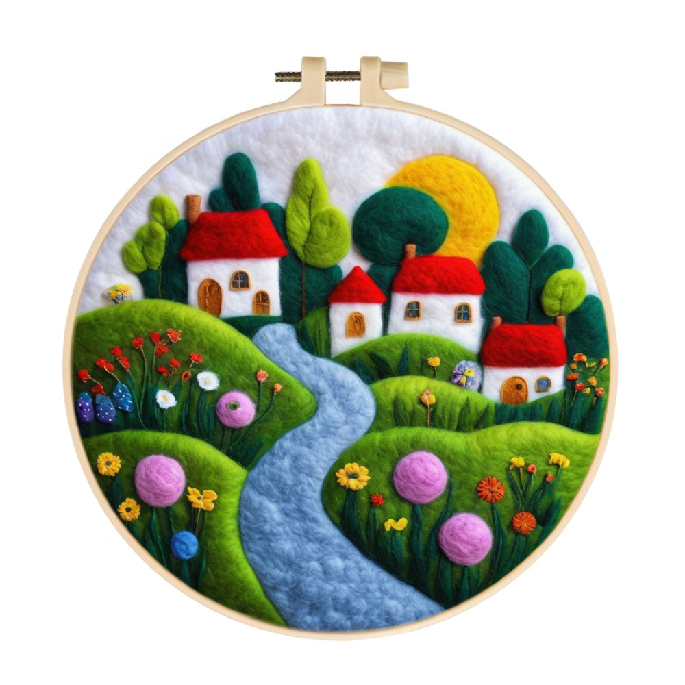 Hillside Homes with River and Flowers Wool Needle Felting Painting Kit