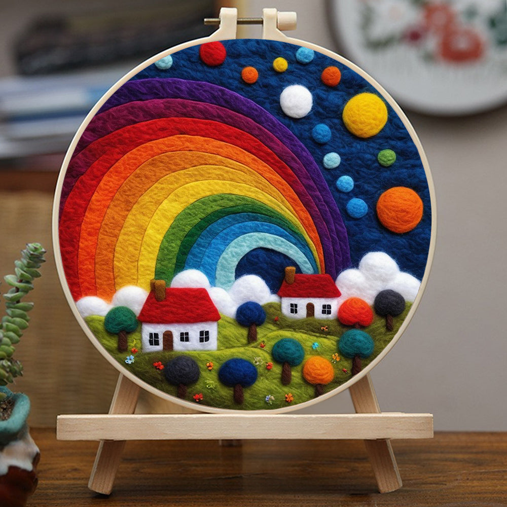 Peaceful Homes Beneath a Colorful Rainbow Sky Wool Needle Felting Painting Kit