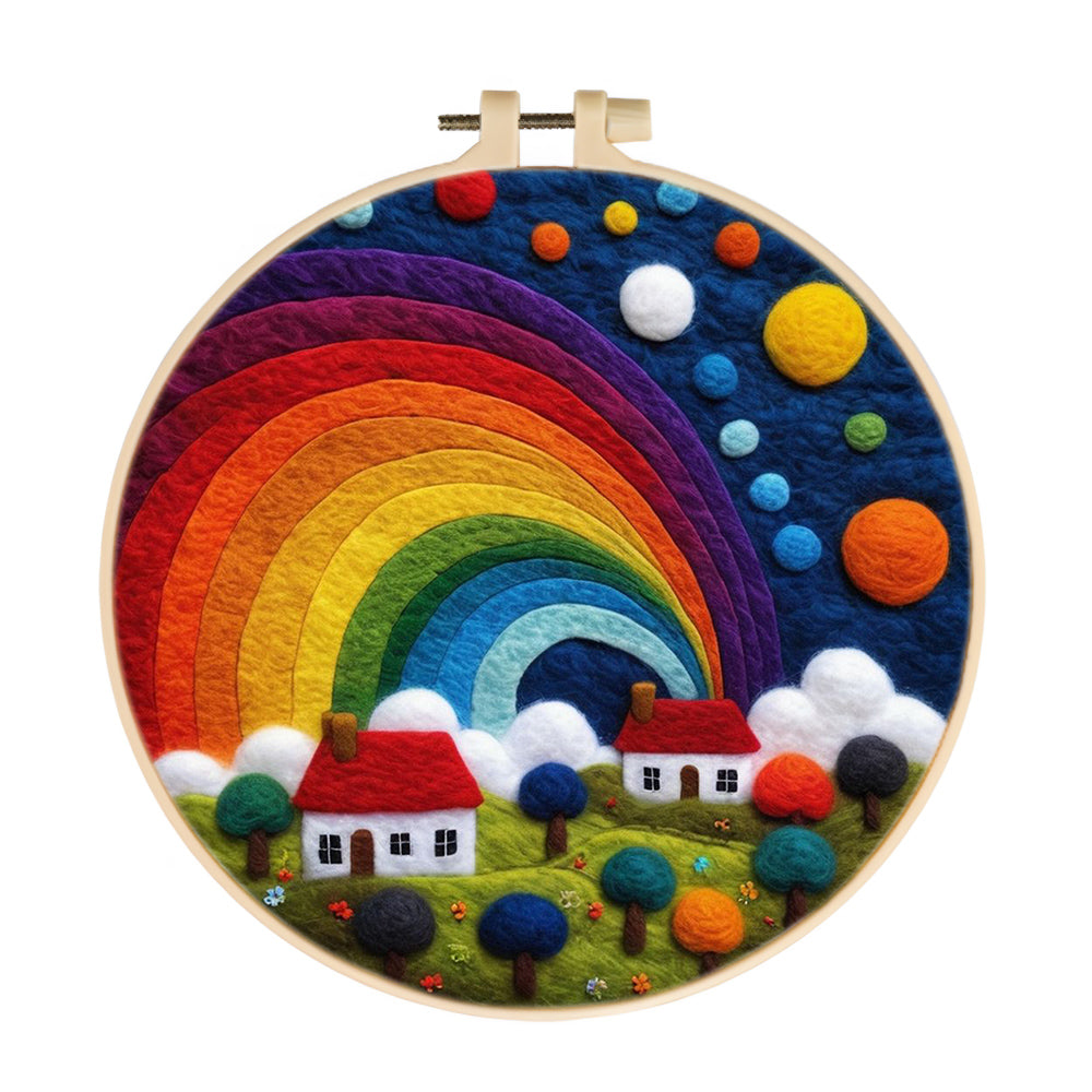 Peaceful Homes Beneath a Colorful Rainbow Sky Wool Needle Felting Painting Kit