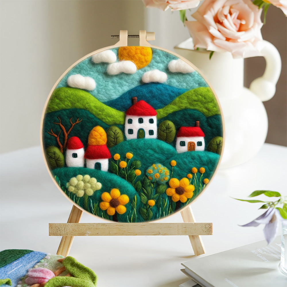 Rolling Green Hills with Cozy Village Houses Wool Needle Felting Painting Kit