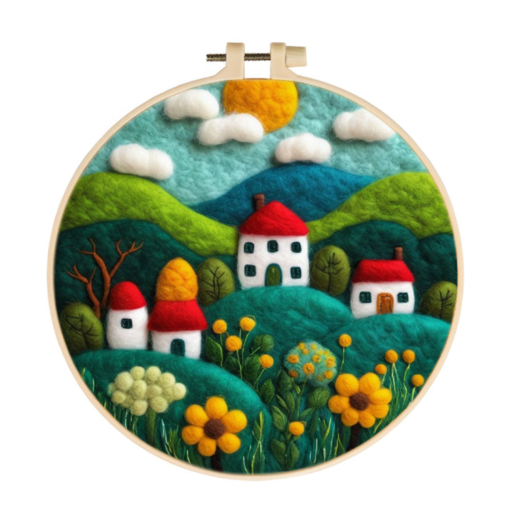 Rolling Green Hills with Cozy Village Houses Wool Needle Felting Painting Kit