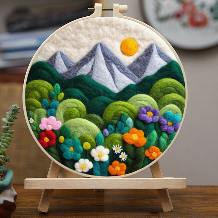 Vibrant flowers at the Foot of Snowy Peaks Wool Needle Felting Painting Kit