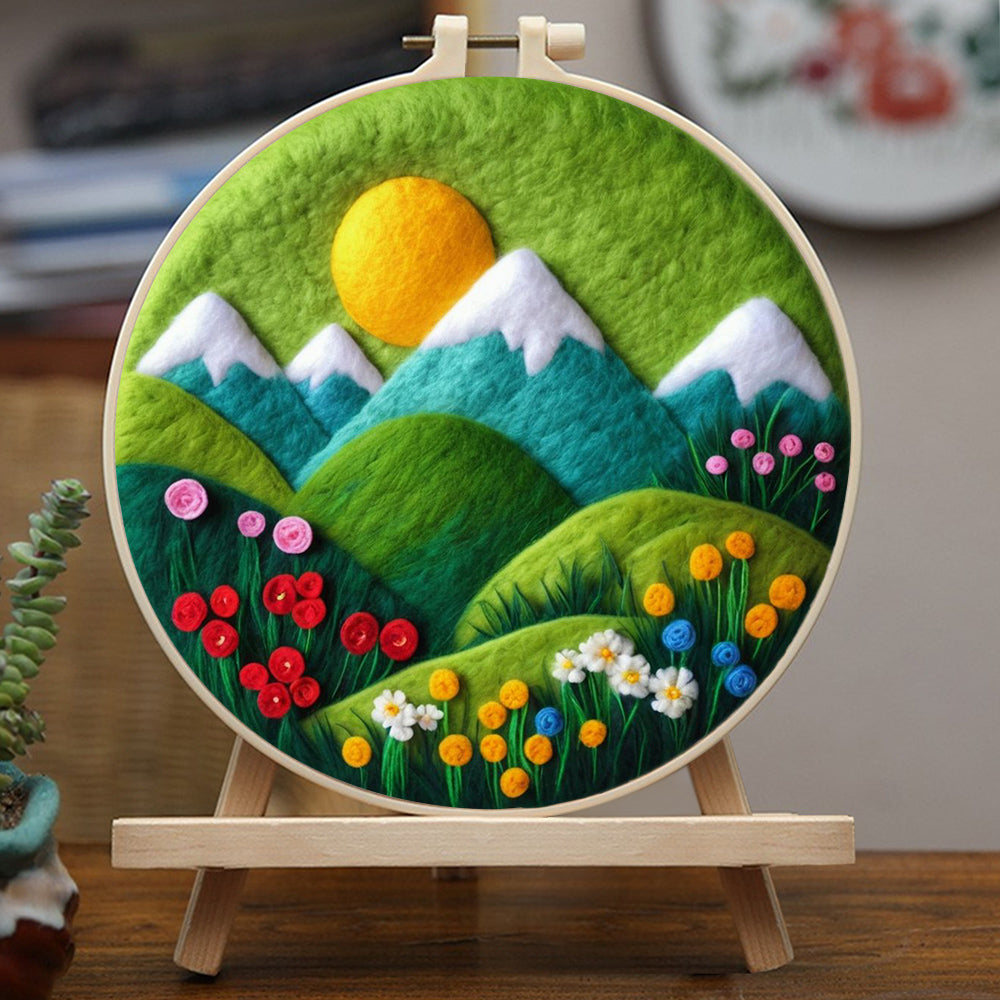 A Valley Surrounded by Mountains and Flowers Wool Needle Felting Painting Kit