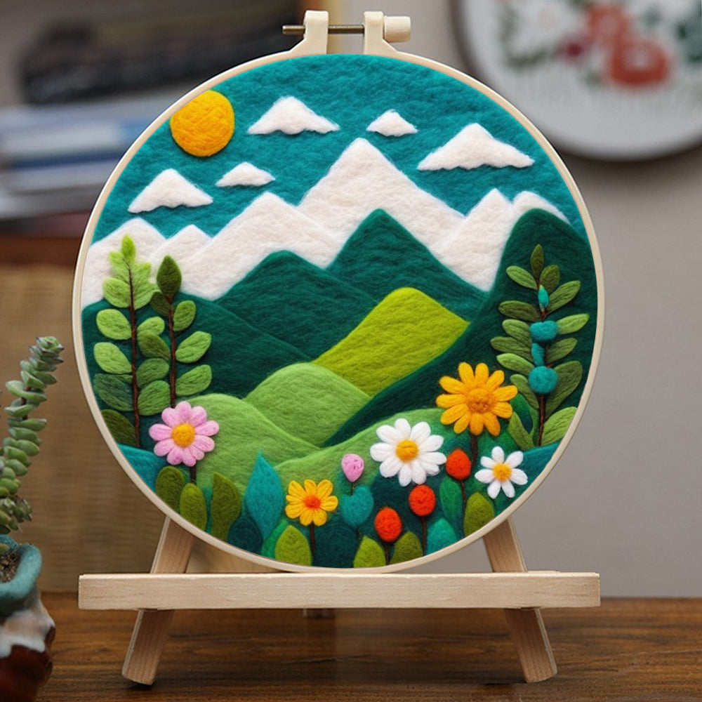 Peaceful Mountain Landscape with Flowers Wool Needle Felting Painting Kit