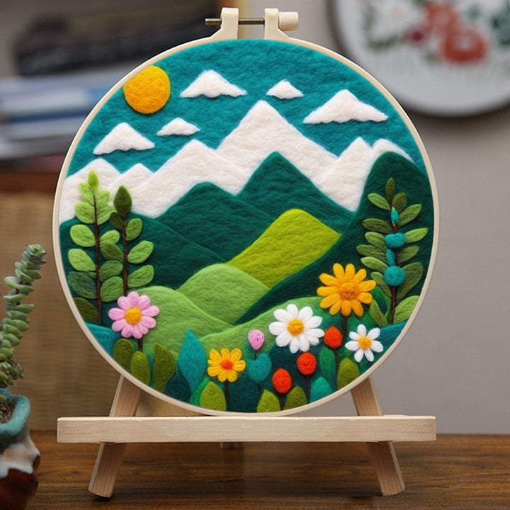 Peaceful Mountain Landscape with Flowers Wool Needle Felting Painting Kit
