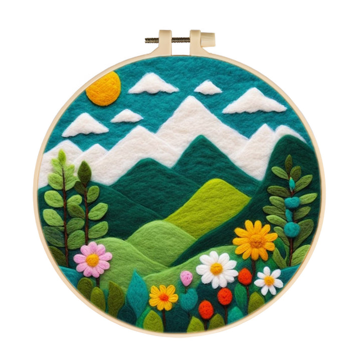 Peaceful Mountain Landscape with Flowers Wool Needle Felting Painting Kit