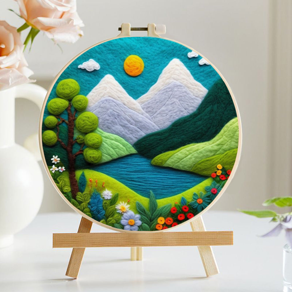 Snowy Mountains Surrounding a Calm Blue Lake Wool Needle Felting Painting Kit