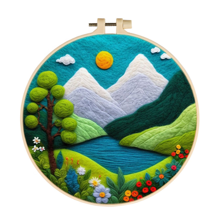 Snowy Mountains Surrounding a Calm Blue Lake Wool Needle Felting Painting Kit