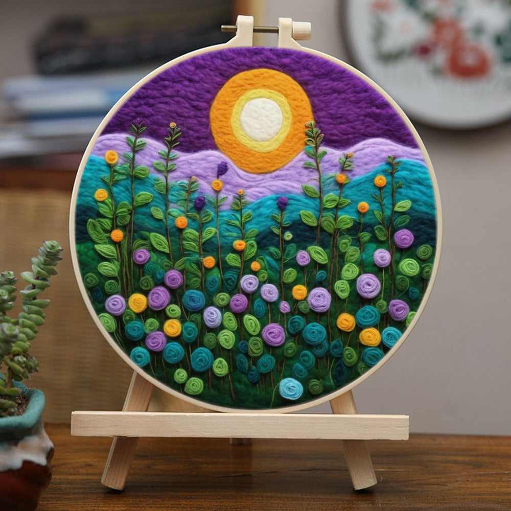 Golden Moon above Colorful Wildflower Hills Wool Needle Felting Painting Kit