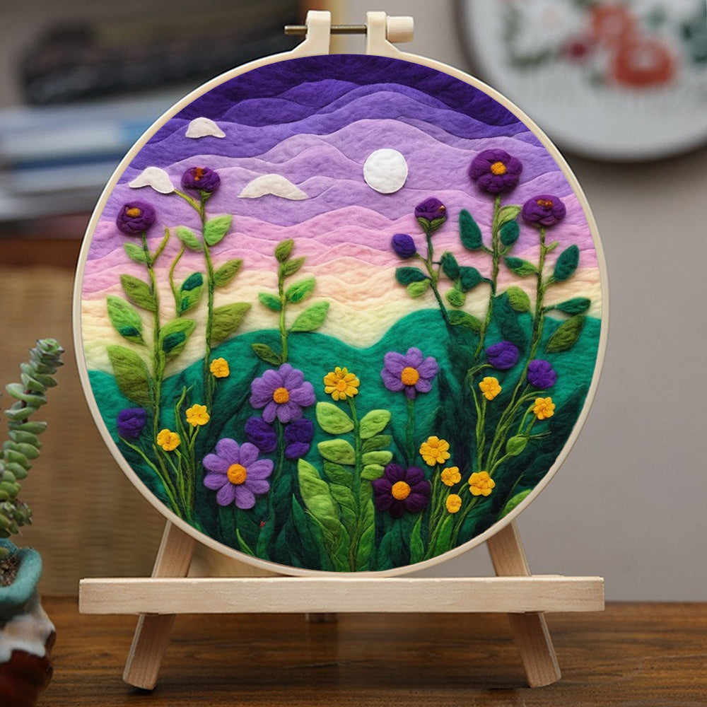 Purple Skies and Blossoming Purple Flowers Wool Needle Felting Painting Kit