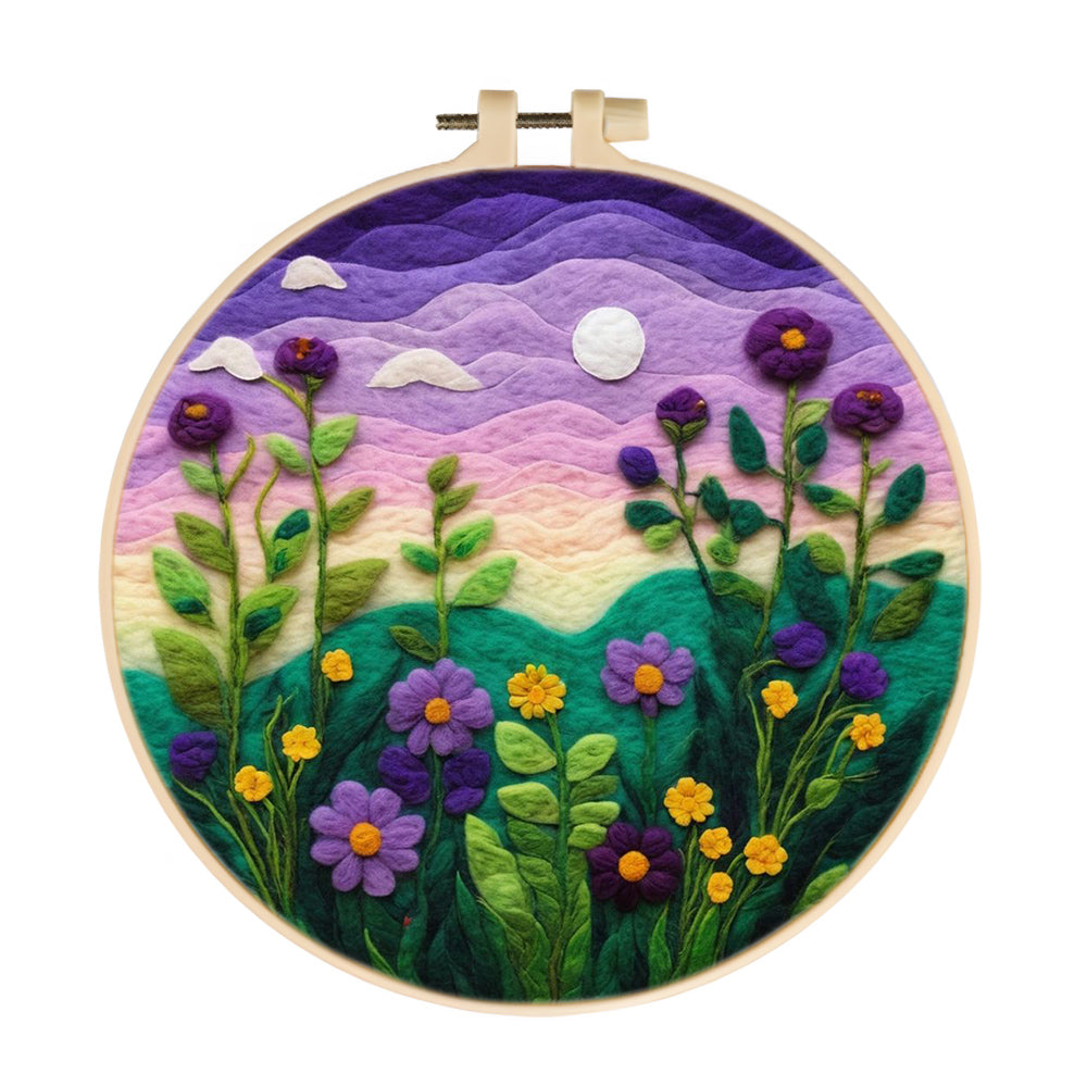 Purple Skies and Blossoming Purple Flowers Wool Needle Felting Painting Kit