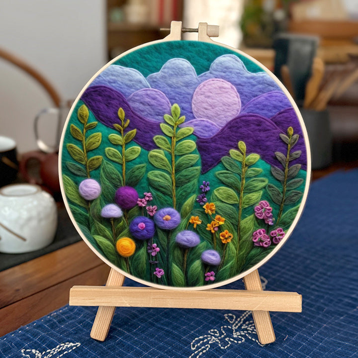 Peaceful Night Scene of Purple Hills and Plants Wool Needle Felting Painting Kit