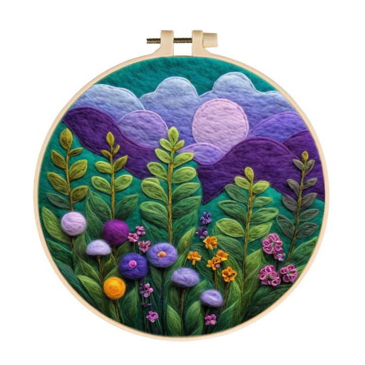 Peaceful Night Scene of Purple Hills and Plants Wool Needle Felting Painting Kit