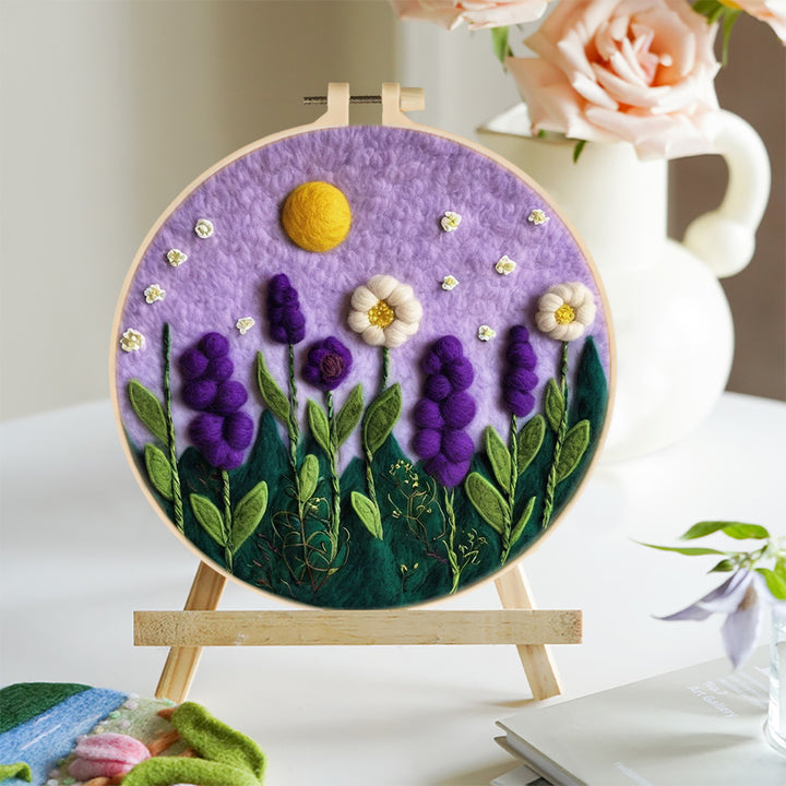 Moonlit Purple Flowers under a Calm Night Sky Wool Needle Felting Painting Kit
