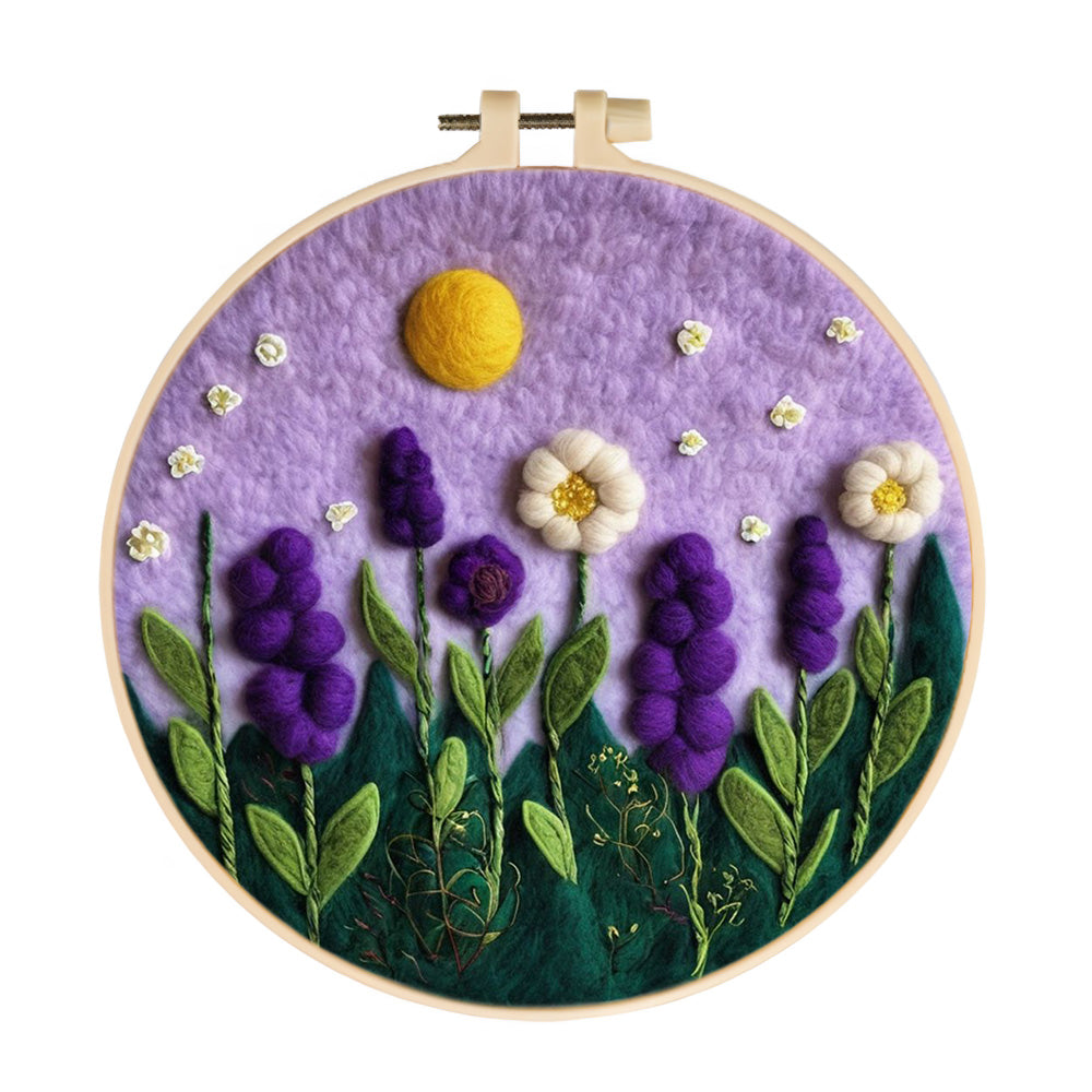 Moonlit Purple Flowers under a Calm Night Sky Wool Needle Felting Painting Kit