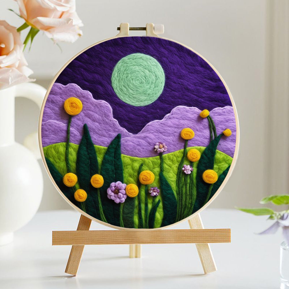 Quiet Night Hills under a Bright Green Moon Wool Needle Felting Painting Kit