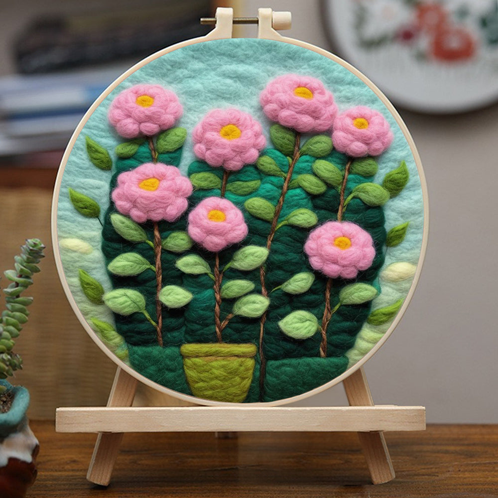 A Vibrant Pot of Pink Flowers Wool Needle Felting Painting Kit