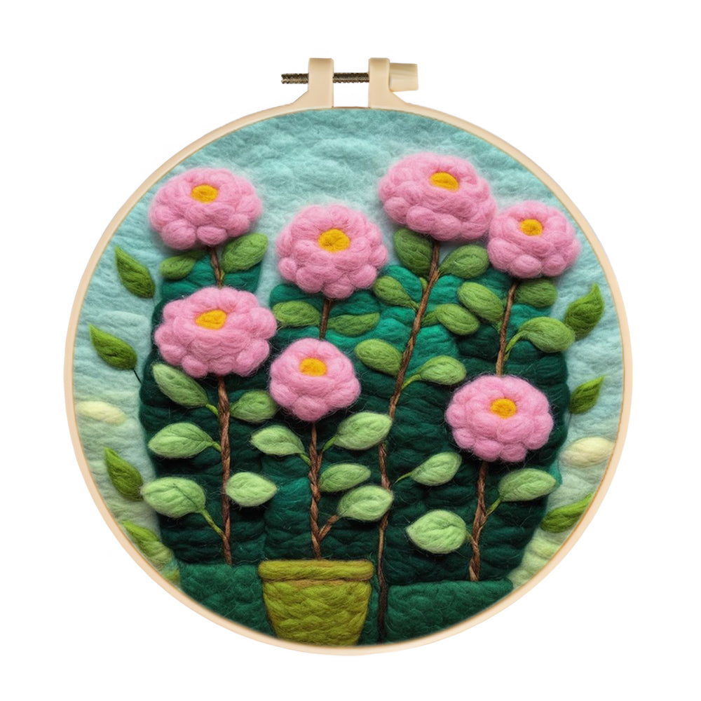 A Vibrant Pot of Pink Flowers Wool Needle Felting Painting Kit