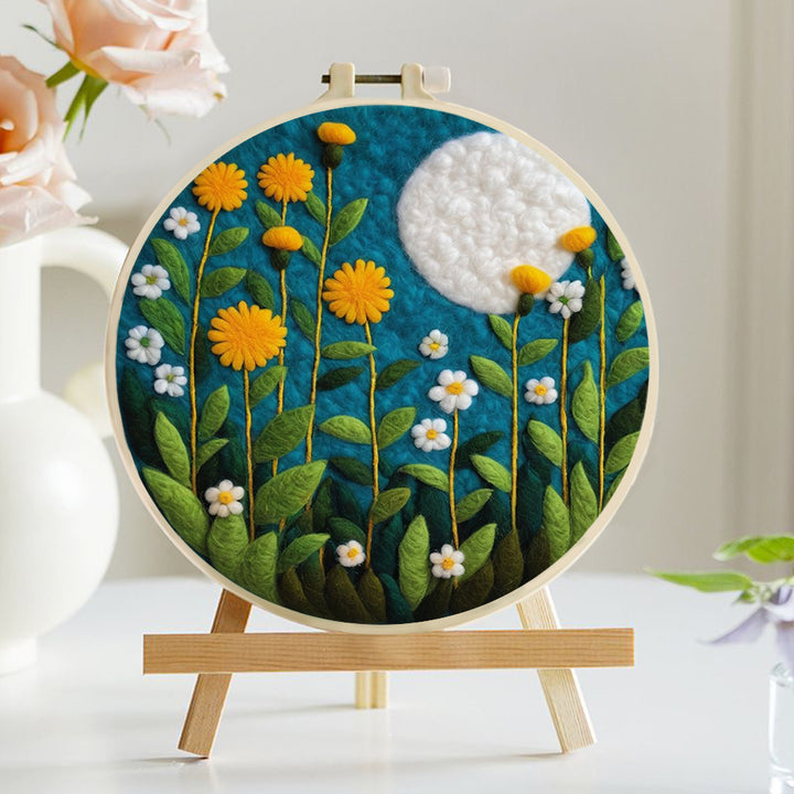 Full Moon Over Yellow and White Flowers Wool Needle Felting Painting Kit