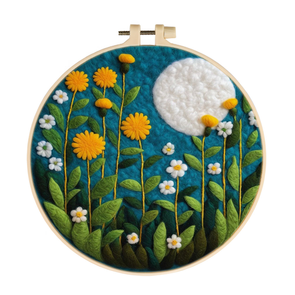 Full Moon Over Yellow and White Flowers Wool Needle Felting Painting Kit