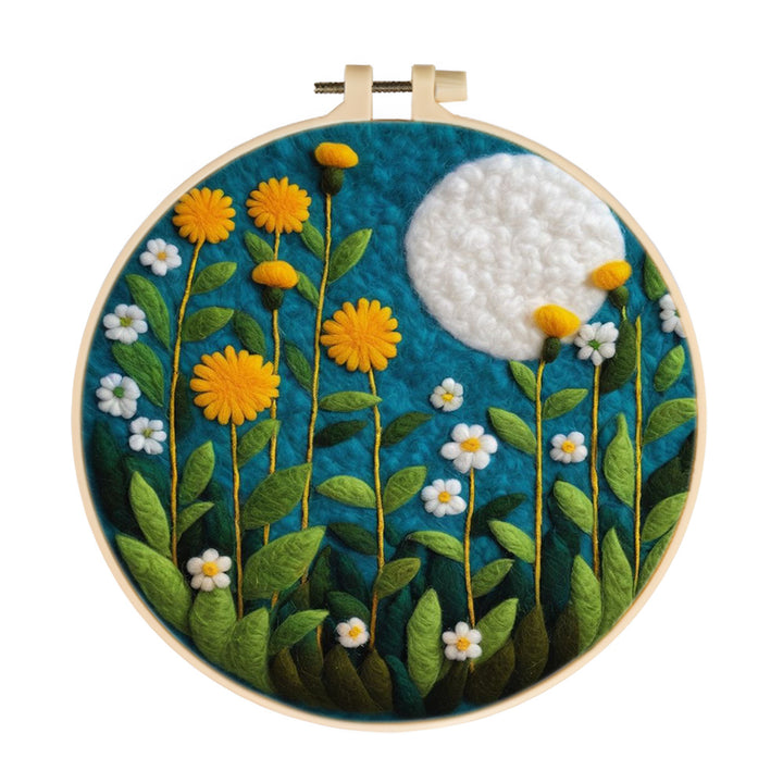 Full Moon Over Yellow and White Flowers Wool Needle Felting Painting Kit