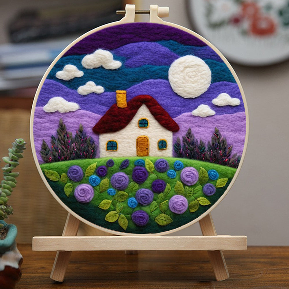 Moonlit Night with Purple Skies Flowers and House Wool Needle Felting Painting Kit