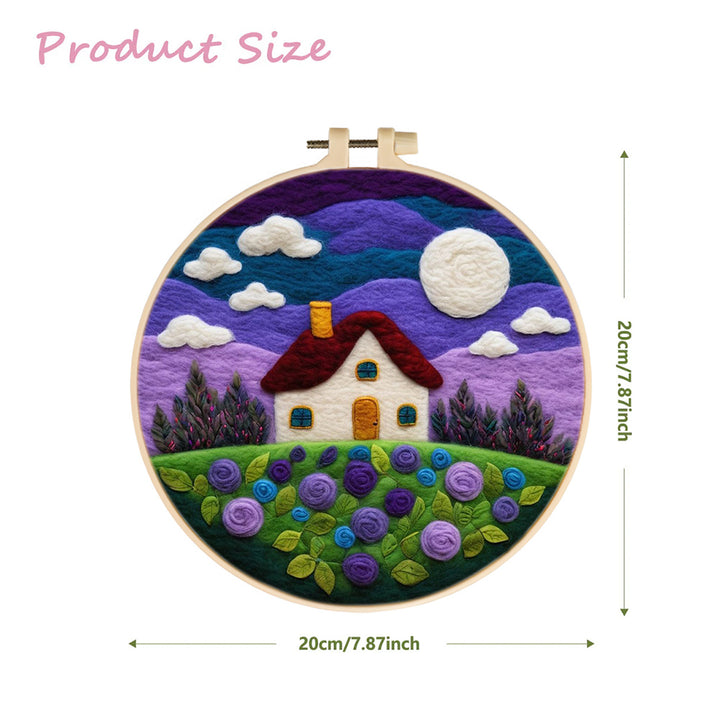 Moonlit Night with Purple Skies Flowers and House Wool Needle Felting Painting Kit