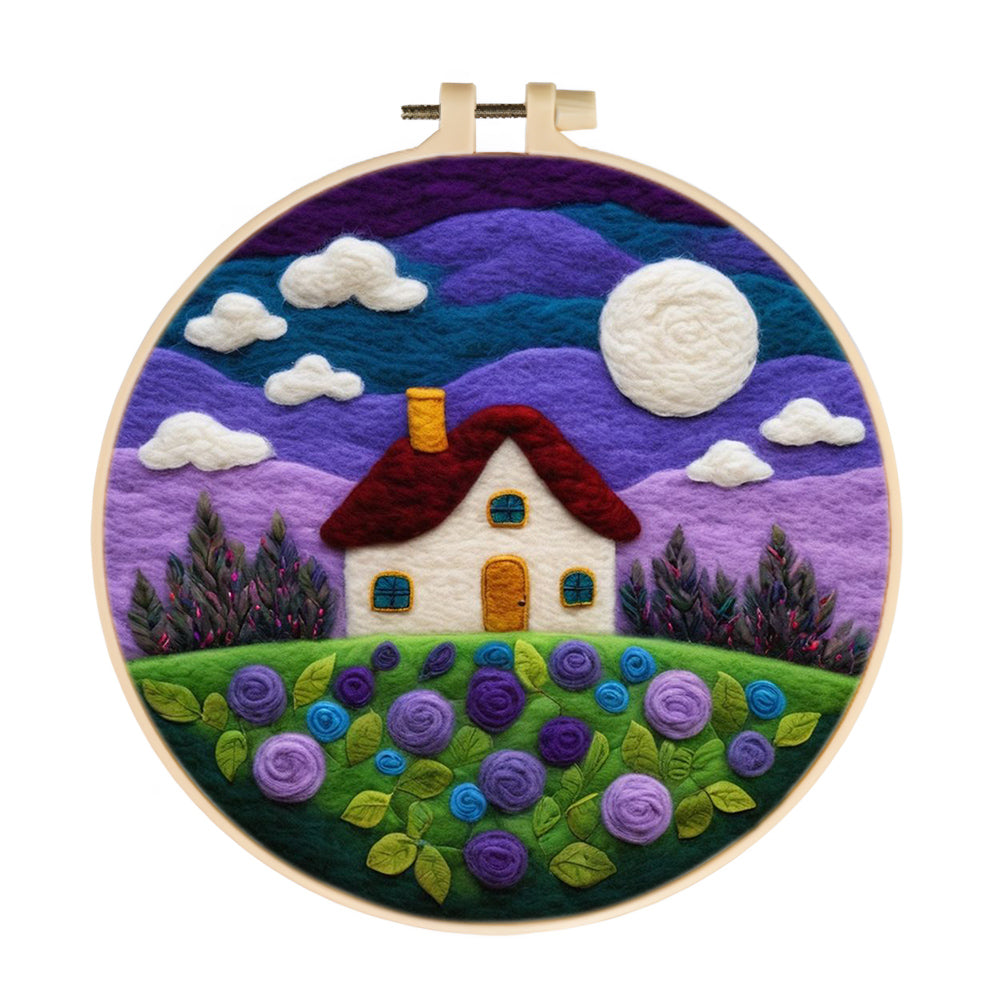 Moonlit Night with Purple Skies Flowers and House Wool Needle Felting Painting Kit