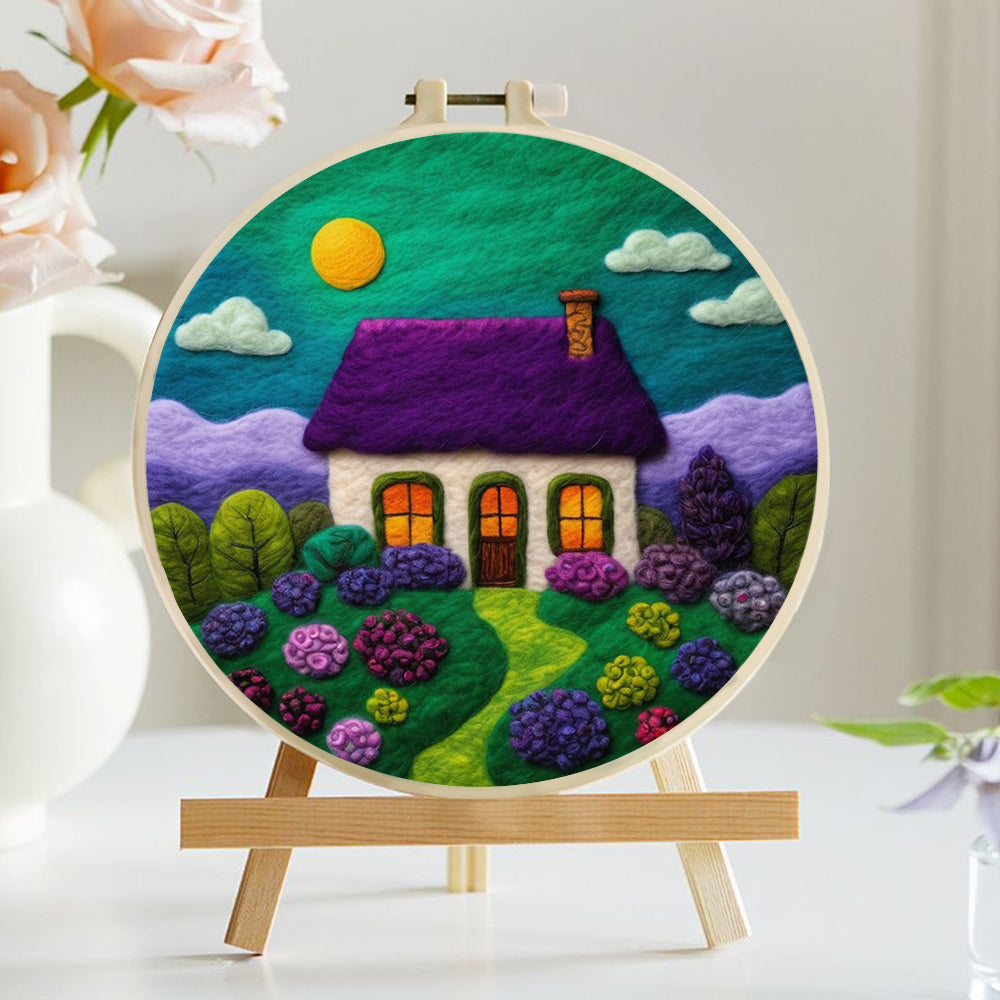 Scenic House Surrounded by Lush Flowers Wool Needle Felting Painting Kit