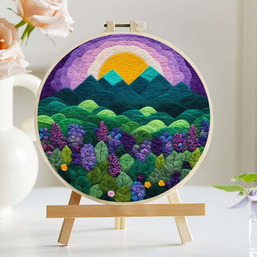 Sunrise Over Green Hills and Flowers Wool Needle Felting Painting Kit