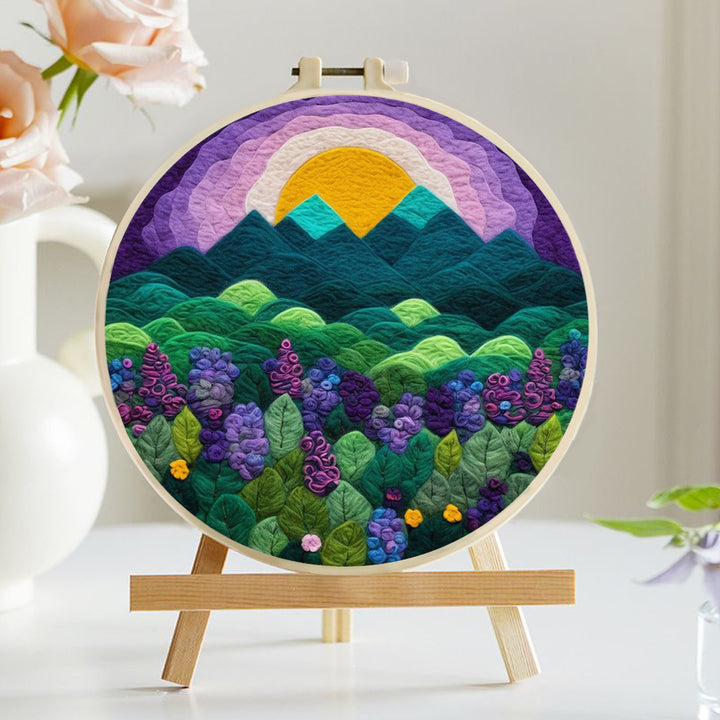 Sunrise Over Green Hills and Flowers Wool Needle Felting Painting Kit