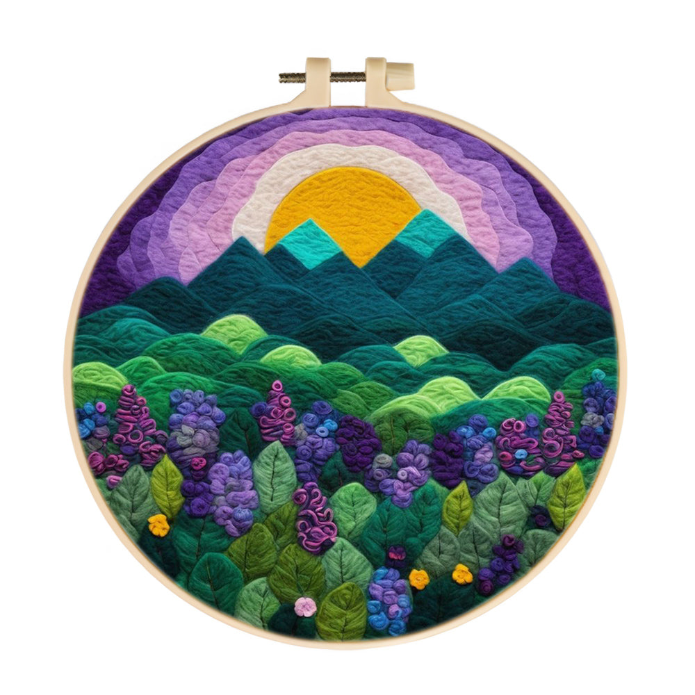 Sunrise Over Green Hills and Flowers Wool Needle Felting Painting Kit
