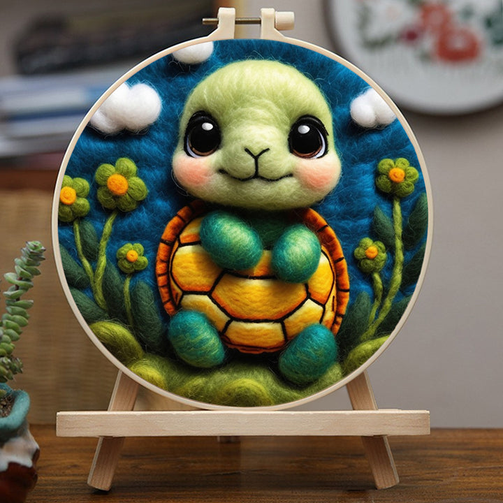 Smiling Turtle Surrounded by Flowers Wool Needle Felting Painting Kit