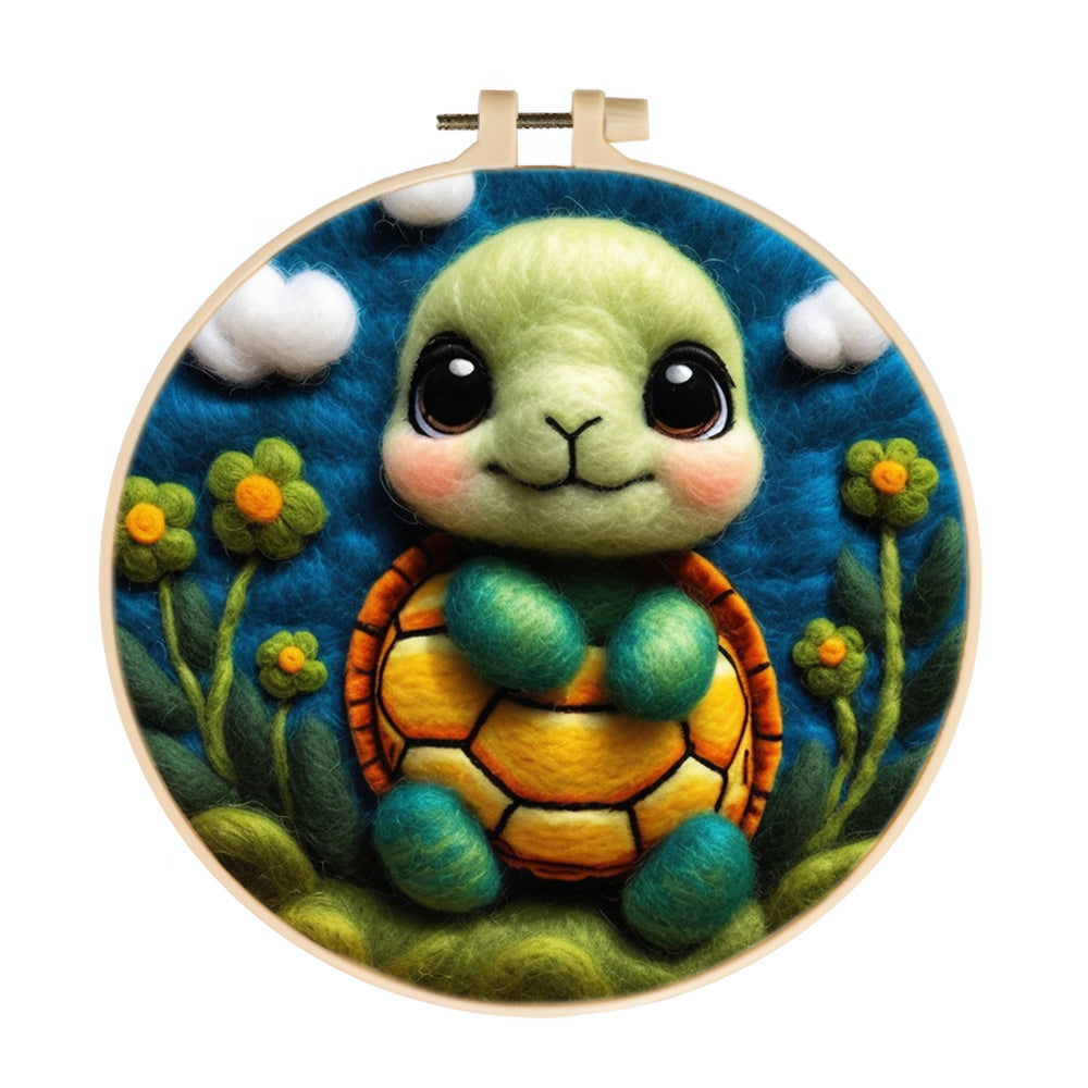 Smiling Turtle Surrounded by Flowers Wool Needle Felting Painting Kit