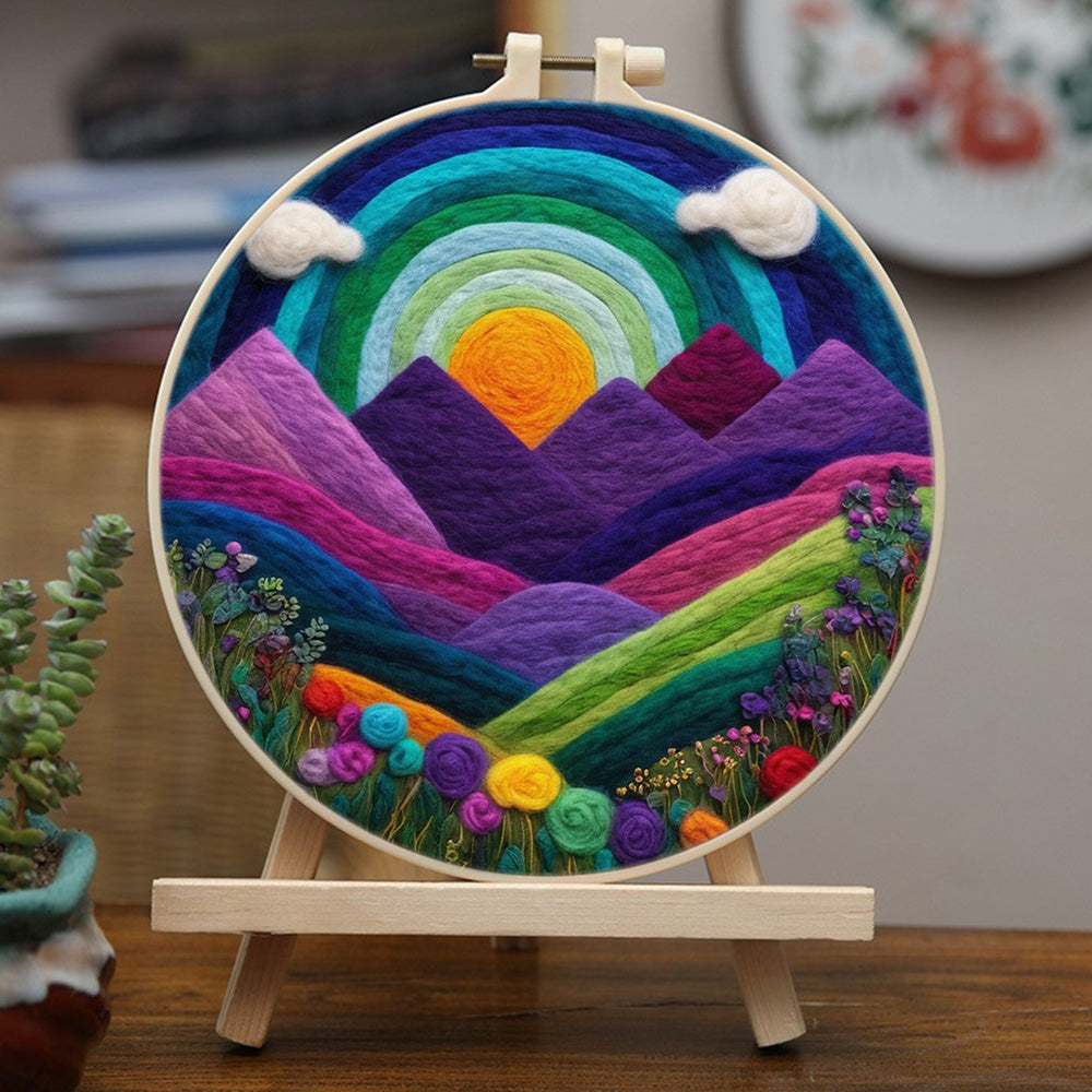 Colorful Mountain Landscape with Rainbow Sky Wool Needle Felting Painting Kit