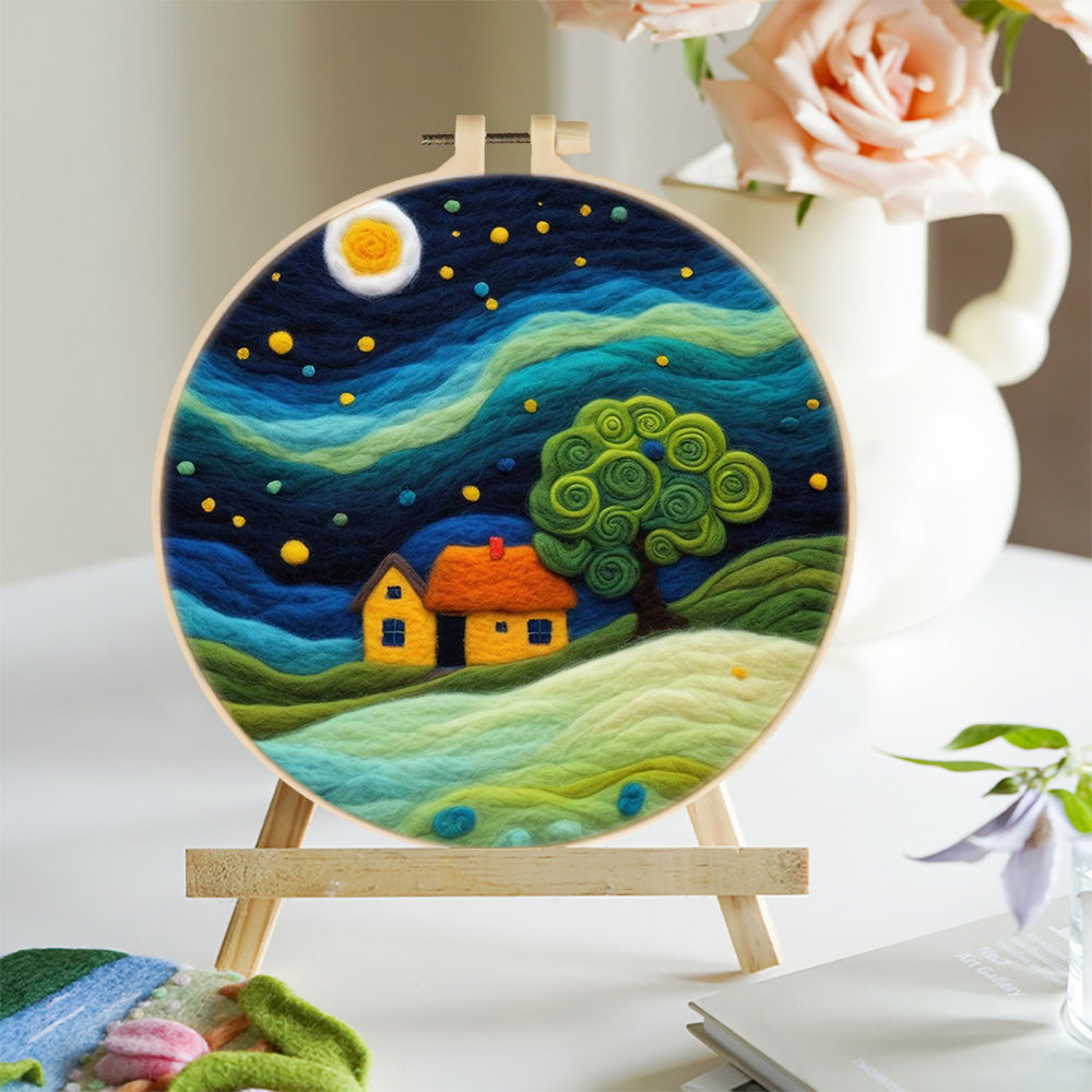 Night Landscape with Cottage and Moonlight Wool Needle Felting Painting Kit