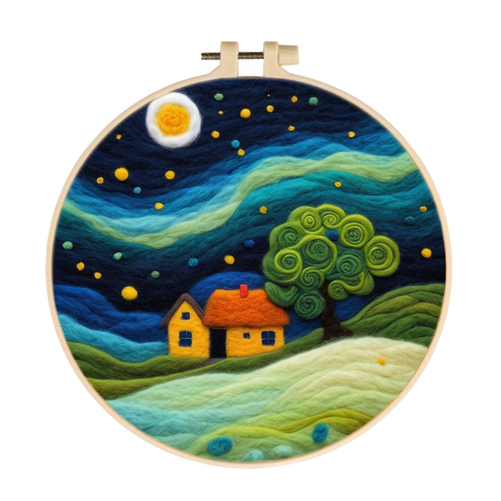 Night Landscape with Cottage and Moonlight Wool Needle Felting Painting Kit